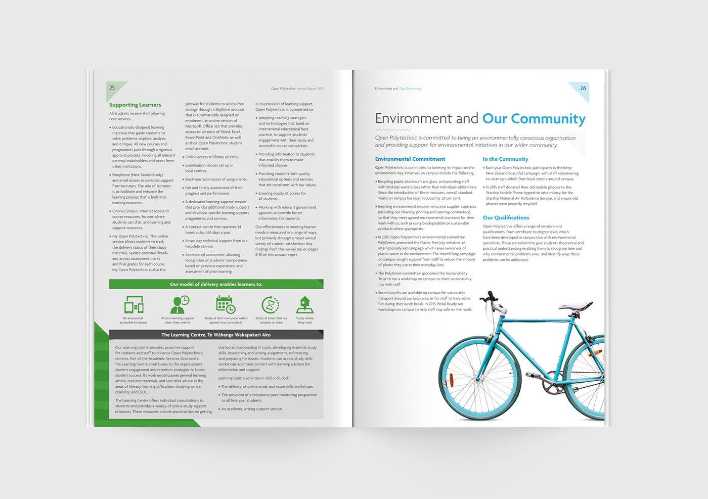 Open Polytechnic 2015 Annual Report inside spread with infographics